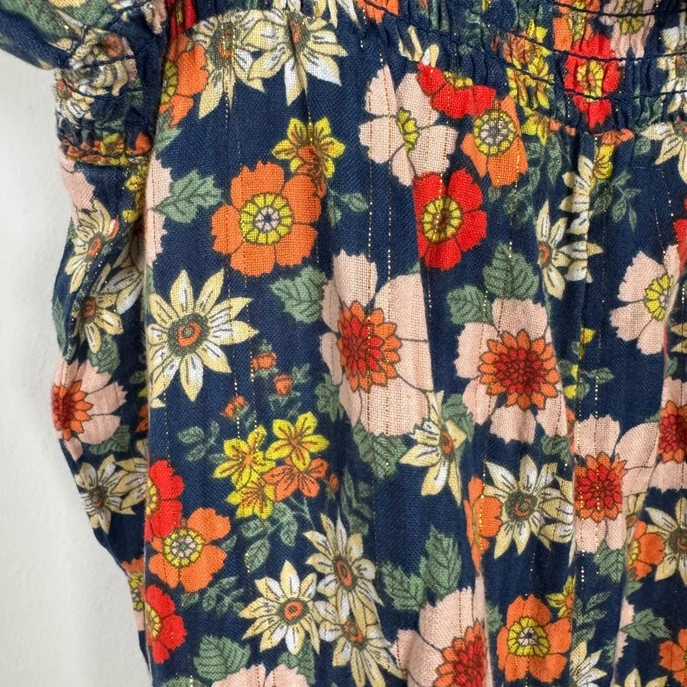 Bonton Girls Floral Smocked Jumpsuit Navy Blue Gold Lurex Tie Shoulder Size 8